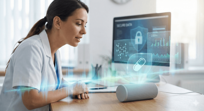 Doctor using voice assistant with digital health data visuals in a medical office setting