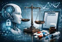 AI Compliance in Pharma Marketing: Building a Future-Proof Tech Stack Illustration of AI compliance in pharma marketing showing a robotic head, justice scale, compliance checklist, pills, and digital data integrations.