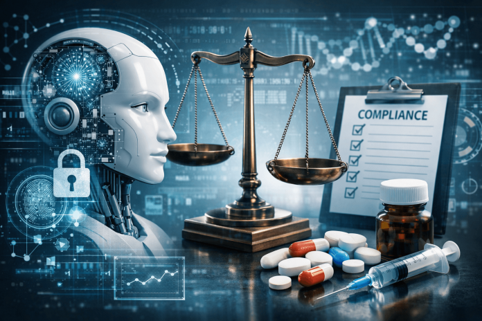 Illustration of AI compliance in pharma marketing showing a robotic head, justice scale, compliance checklist, pills, and digital data integrations.