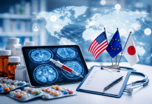 Global Pharma Campaigns in a Fragmented Regulatory World A digital photograph of a medical desk with international flags, a checklist, and pharmaceutical tools symbolizing global pharma marketing and regulatory diversity.