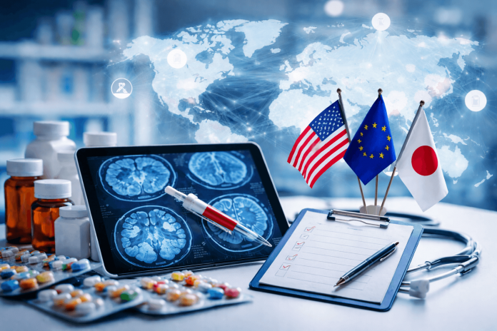 global-pharma-marketing-strategy-regulatory-landscape A digital photograph of a medical desk with international flags, a checklist, and pharmaceutical tools symbolizing global pharma marketing and regulatory diversity.