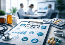 Launching a Drug in a Policy-Driven Market: How to Build a Risk-Ready Messaging Strategy Strategic pharma launch plan on a clipboard surrounded by medication, stethoscope, and professionals in a meeting.