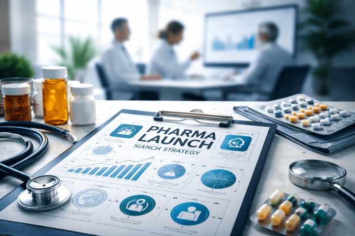 Strategic pharma launch plan on a clipboard surrounded by medication, stethoscope, and professionals in a meeting.