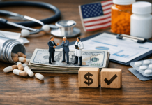 How Pharma Marketers Should Communicate Drug Price Negotiations Pharmaceutical executive, doctor, and government official discussing drug pricing over money and medical tools, symbolizing pharma pricing communication