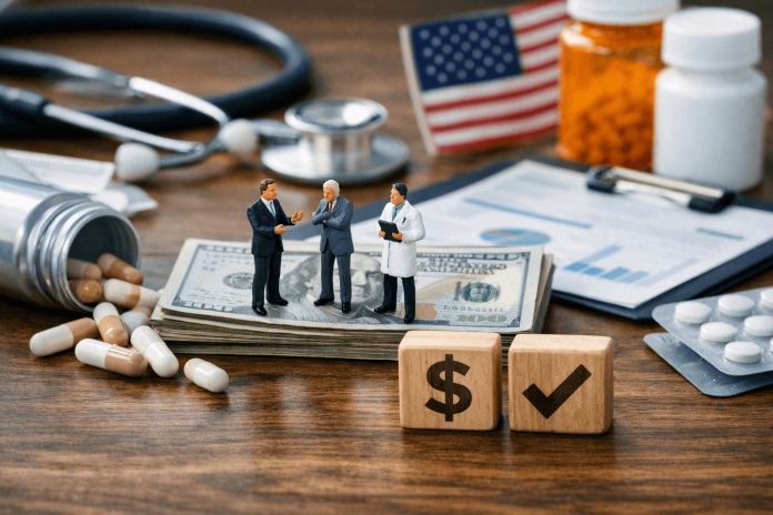 Pharmaceutical executive, doctor, and government official discussing drug pricing over money and medical tools, symbolizing pharma pricing communication