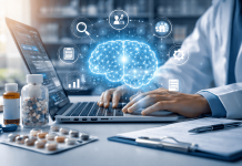 The Algorithmic Gatekeeper: How Pharma Marketers Can Stay Visible in AI-Filtered Channels Pharmaceutical professional using AI-driven tools to optimize healthcare content with digital brain interface and data analytics