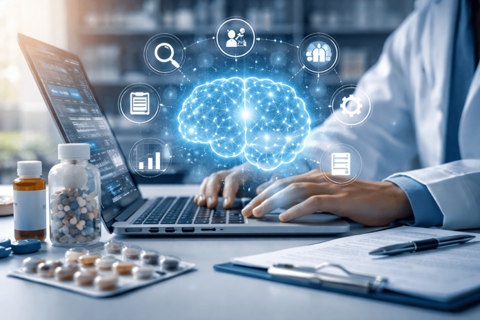 Pharmaceutical professional using AI-driven tools to optimize healthcare content with digital brain interface and data analytics