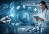 The Rise of Unbranded AI Influence: How Pharma Marketers Can Stay Relevant Without Owning the Channel AI technology shaping pharmaceutical marketing with a doctor using a tablet alongside digital medical data and a robotic interface