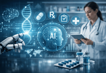 The Rise of Unbranded AI Influence: How Pharma Marketers Can Stay Relevant Without Owning the Channel AI technology shaping pharmaceutical marketing with a doctor using a tablet alongside digital medical data and a robotic interface