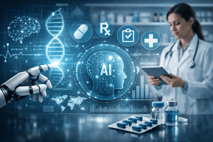 AI technology shaping pharmaceutical marketing with a doctor using a tablet alongside digital medical data and a robotic interface