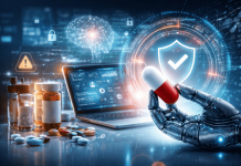 When AI Speaks for Your Brand: What Pharma Marketers Must Do to Stay in Control Robotic hand holding a capsule in a digital pharma lab with compliance shield and AI data interface