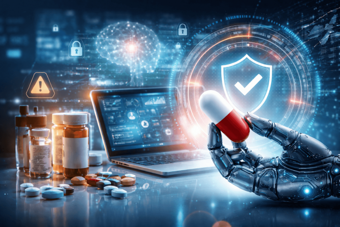 Robotic hand holding a capsule in a digital pharma lab with compliance shield and AI data interface