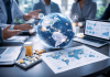 Global Teams, Local Execution: How Pharma Marketers Can Navigate a More Distributed Operating Model Global pharma marketing team collaborating with digital globe and analytics dashboards representing decentralized strategy execution