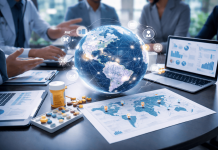 Global Teams, Local Execution: How Pharma Marketers Can Navigate a More Distributed Operating Model Global pharma marketing team collaborating with digital globe and analytics dashboards representing decentralized strategy execution