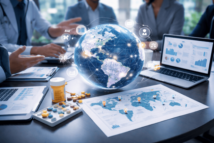 Global pharma marketing team collaborating with digital globe and analytics dashboards representing decentralized strategy execution