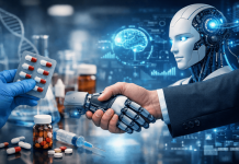 AI Partnerships Are Reshaping Pharma: What Marketers Need to Know About the New Power Dynamics Human and AI robot shaking hands in a pharmaceutical lab representing pharma AI partnerships and collaboration