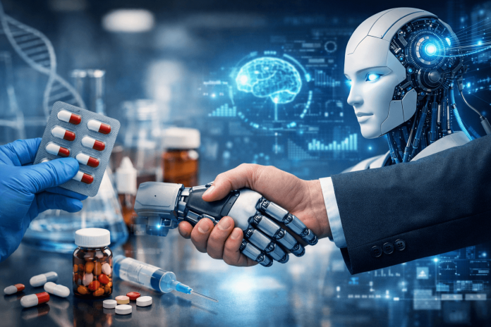 Human and AI robot shaking hands in a pharmaceutical lab representing pharma AI partnerships and collaboration