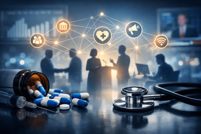 Pharmaceutical marketing concept showing hidden stakeholders like policymakers, media, and algorithms influencing healthcare decisions