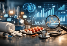Is Pharma Losing Control of Its Narrative? What Marketers Must Do in a Data-Driven Ecosystem Pharmaceutical products with AI data visuals and analytics dashboard representing pharma brand control in a digital ecosystem