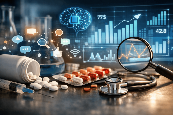 Pharmaceutical products with AI data visuals and analytics dashboard representing pharma brand control in a digital ecosystem