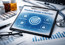 From Messaging to Meaning: Why Pharma Marketing Needs a Stronger Point of View Pharma brand positioning strategy concept with target icon, messaging, insights, and healthcare marketing tools on desk