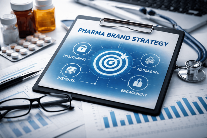 Pharma brand positioning strategy concept with target icon, messaging, insights, and healthcare marketing tools on desk