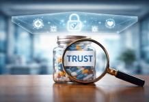 The Trust Ceiling: Why Some Pharma Brands Can’t Improve Perception—No Matter the Spend Pharmaceutical trust concept showing pills in a jar under a glass ceiling symbolizing limits in pharma brand trust