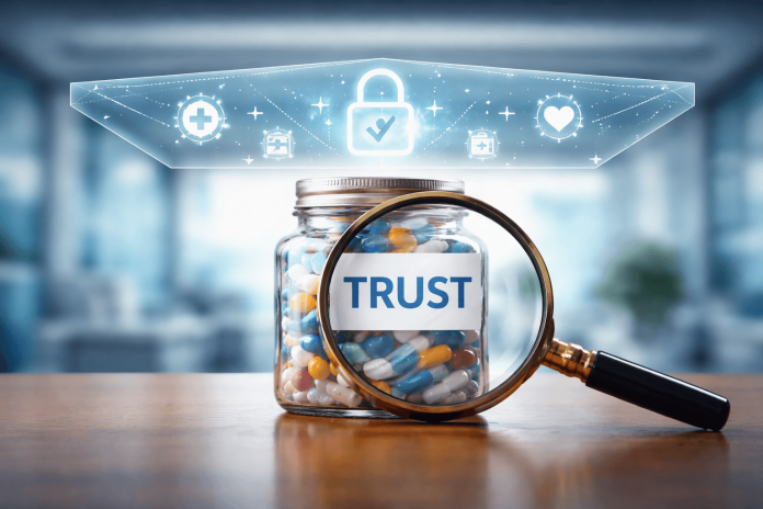 pharma-brand-trust-ceiling Pharmaceutical trust concept showing pills in a jar under a glass ceiling symbolizing limits in pharma brand trust