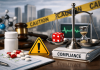 The Compliance Paradox: When Playing It Safe Becomes the Biggest Risk Pharmaceutical compliance concept with balance scale, pills, and caution tape symbolizing risk and regulation in marketing strategy