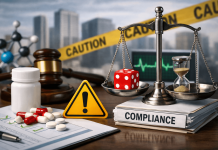The Compliance Paradox: When Playing It Safe Becomes the Biggest Risk Pharmaceutical compliance concept with balance scale, pills, and caution tape symbolizing risk and regulation in marketing strategy