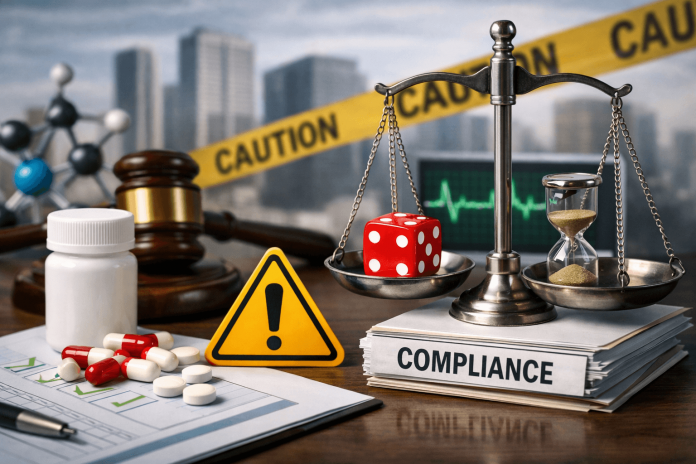 pharma-compliance-strategy-paradox Pharmaceutical compliance concept with balance scale, pills, and caution tape symbolizing risk and regulation in marketing strategy