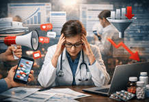 The Attention Crisis in Pharma: Why More Content Is Making Marketing Less Effective Overwhelmed doctor surrounded by digital content, notifications, and declining analytics representing pharma marketing overload