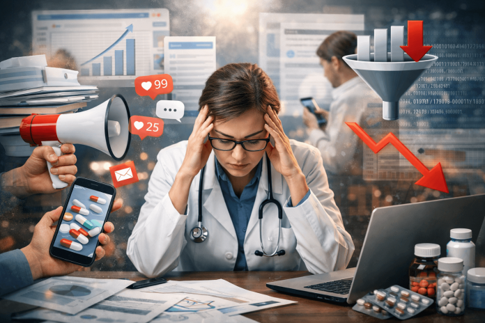 pharma-content-strategy-attention-crisis Overwhelmed doctor surrounded by digital content, notifications, and declining analytics representing pharma marketing overload