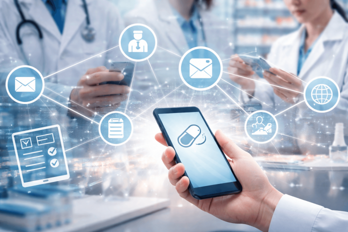Healthcare professionals using digital devices connected across multiple pharma marketing touchpoints