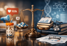 The Demand–Evidence Gap: What GLP-1 Growth Teaches Pharma Marketers About Responsible Messaging Balance scale comparing pharmaceutical demand and clinical evidence with GLP-1 medications and research materials