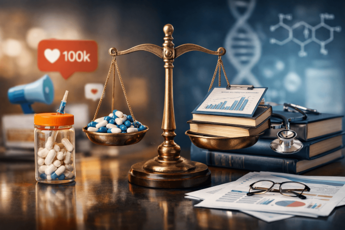 Balance scale comparing pharmaceutical demand and clinical evidence with GLP-1 medications and research materials