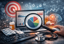The Death of Last-Click: Rethinking Pharma Marketing Measurement Pharma marketing measurement concept with analytics dashboard, magnifying glass, prescription pills, and digital healthcare data visualization
