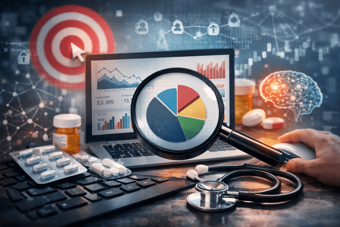 Pharma marketing measurement concept with analytics dashboard, magnifying glass, prescription pills, and digital healthcare data visualization