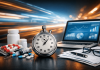 The Velocity Problem: When Pharma Marketing Moves Slower Than the Market Stopwatch with pharmaceutical products and analytics dashboard representing speed in pharma marketing