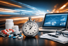 The Velocity Problem: When Pharma Marketing Moves Slower Than the Market Stopwatch with pharmaceutical products and analytics dashboard representing speed in pharma marketing