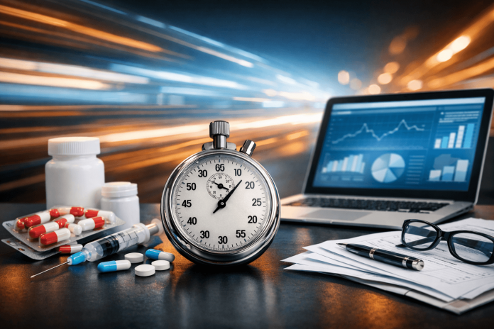 Stopwatch with pharmaceutical products and analytics dashboard representing speed in pharma marketing