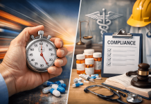 Speed vs Safety: How Pharma Marketers Can Compete in a Faster, More Scrutinized Market Split image showing a stopwatch symbolizing speed and a compliance checklist with medical tools representing safety in pharma marketing