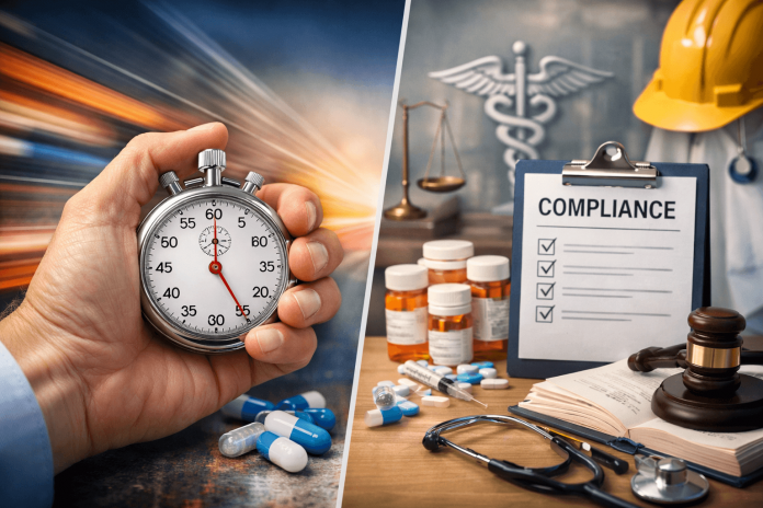 Split image showing a stopwatch symbolizing speed and a compliance checklist with medical tools representing safety in pharma marketing
