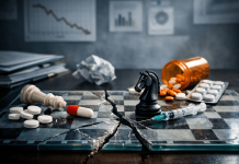 The Strategy Illusion: Why Most Pharma Marketing Plans Never Survive Execution Broken chessboard with pills and syringe symbolizing pharma marketing strategy failure and execution challenges