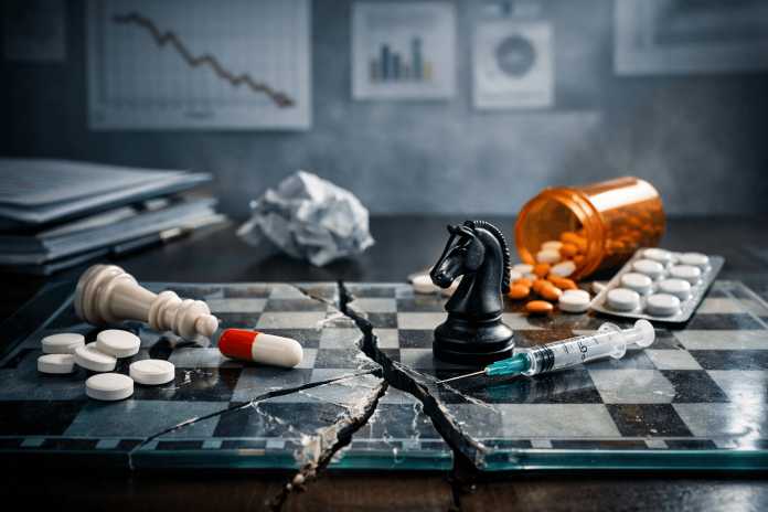 pharma-marketing-strategy-failure-chessboard Broken chessboard with pills and syringe symbolizing pharma marketing strategy failure and execution challenges