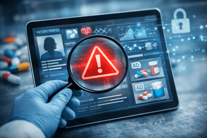 pharma-personalization-strategy-risks Tablet showing patient data with a warning symbol highlighting risks of pharma personalization strategy in healthcare marketing