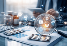 The Portfolio Fragmentation Challenge: How Marketers Can Maintain a Clear Story Amid Constant Acquisitions Pharmaceutical portfolio strategy concept showing connected drug products, analytics charts, and digital healthcare icons under a magnifying glass