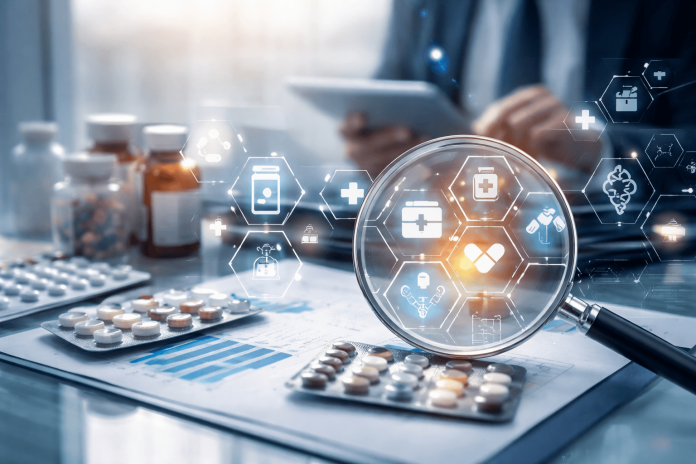 Pharmaceutical portfolio strategy concept showing connected drug products, analytics charts, and digital healthcare icons under a magnifying glass