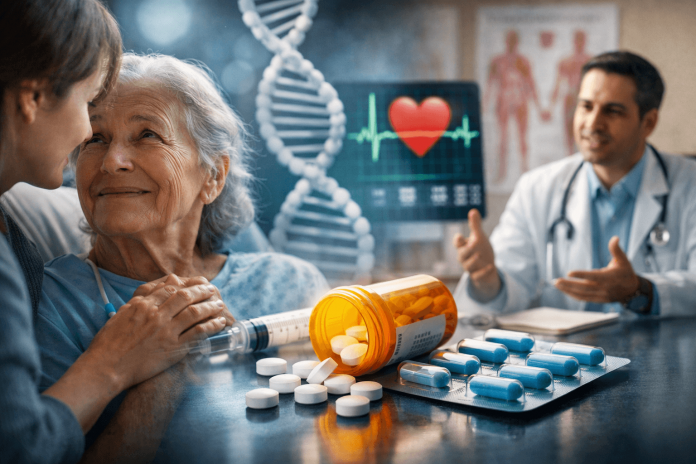 Doctor and patient interaction with medicine and DNA imagery representing emotional storytelling in pharmaceutical marketing