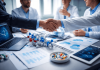 Beyond Campaigns: Why Strategic Partnerships Are Becoming Pharma Marketing’s Competitive Advantage Pharmaceutical and technology professionals shaking hands over data charts and molecular models, representing strategic collaboration in pharma marketing